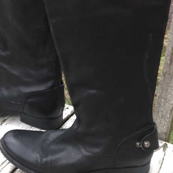 BLACK LEATHER FRYE SNAP BUTTON ZIP KNEE HIGH BOOTS - Picture 3 of 7